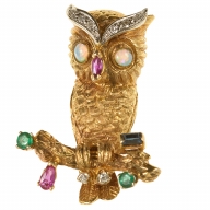 Gold, Diamond and Opal Owl Pin